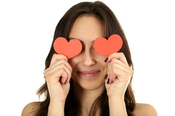 Beautiful woman holding valentines day heart on white background