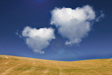 Green meadow under blue sky with heart clouds.