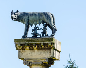 Replica of the Capitoline Wolf situated in romanian timisoara, a bronze sculpture of a she-wolf suckling twin human infants inspired by the legend of the founding of Rome.