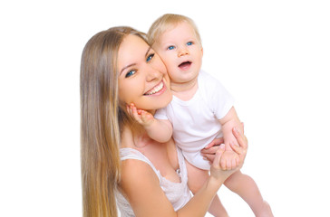 Happy smiling mother with baby on a white background