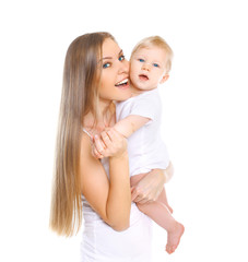 Happy smiling mother with baby on white background