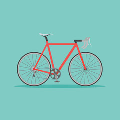 Red bicycle on teal background. Flat style vector illustration.