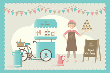 illustration, cuisiner, vendre, food truck, cupcake, fête, anniversaire, glace