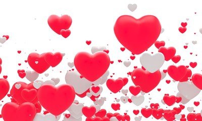 Many red fnd white hearts. 3d background