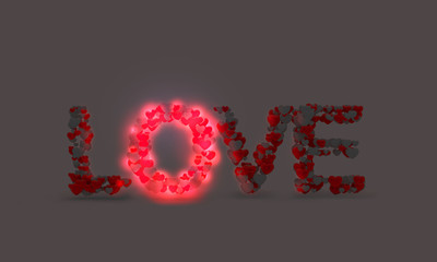 Wording Love sign with heart. Glows in the dark. 3d