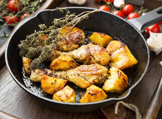 Roasted chicken legs with herbs and baked potatoes garnish