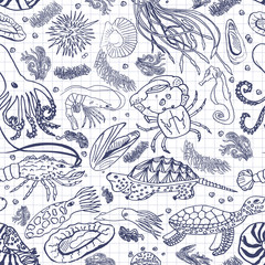 Obraz premium Marine seamless pattern for your design. Cafe design, menu,restaurant, pub, bar, leaflets, brochures and other design elements