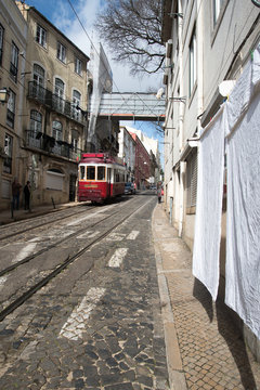 Streetcar rails in Lisbon, Portugal.