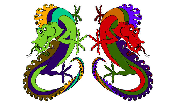 vector color drawn picture funny dragon on a white background.