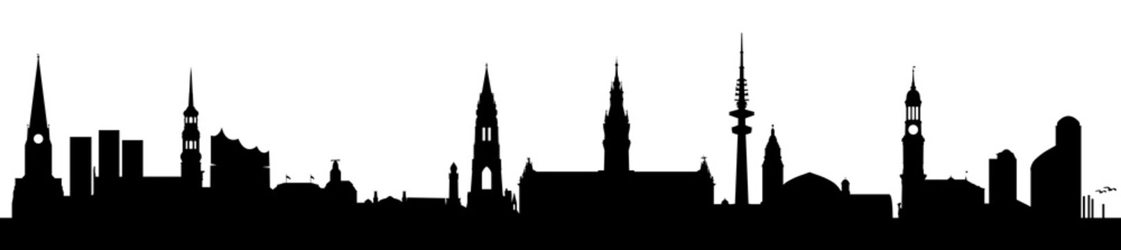Skyline (Silhouette) Hamburg mit Rathaus, Elbphilharmonie, St. Michaelis, Landungsbrücken etc