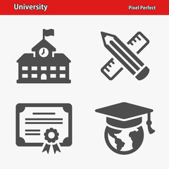 University Icons. Professional, pixel perfect icons optimized for both large and small resolutions. EPS 8 format.