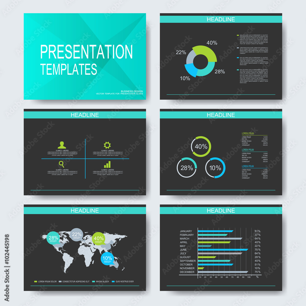 Poster Set of vector templates for multipurpose presentation slides. Modern business design with graph and charts