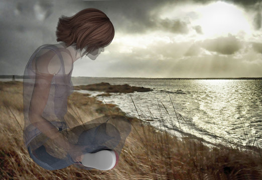 digitally rendered illustration of the spirit of a woman gazing out to the ocean