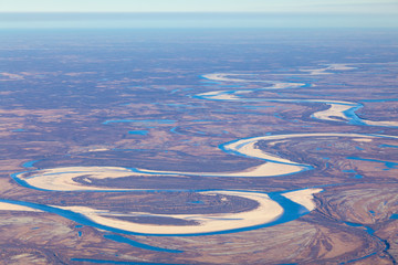 tundra river in autumn, top view