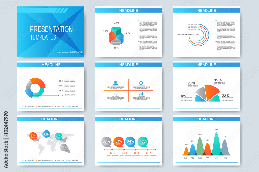 Poster Set of vector templates for multipurpose presentation slides. Modern business design with graph and charts