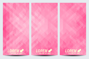 Pink set of vector flyers. Background with pink triangles. Flyer, web, banner, card, vip, certificate, gift, voucher. Modern business stylish design