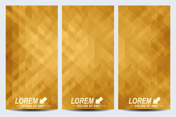 Golden set of vector flyers. Background with gold triangles. Flyer, web, banner, card, vip, certificate, gift, voucher. Modern business stylish design