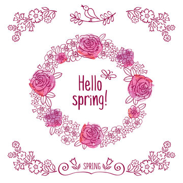 Hello spring! Spring wreath of decorative flowers on the pink watercolor background. Greeting card. Elements for Valentine's Day, mother's day, birthday, wedding, easter. Doodles, sketch. Vector.
