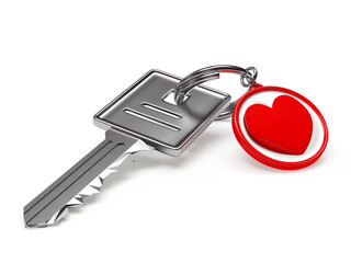 Key from the heart. Silver key and keyc hain with red heart isolated on white background