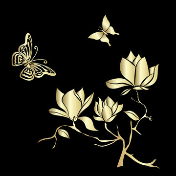 Golden Flowering Branch of Magnolia and butterflies