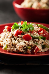 Salad couscous with tuna, bell pepper, cucumber, red onion and green beans