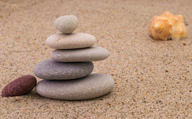 Fototapeta na wymiar Spa stones with shellfish on the sand