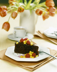 Chocolate cake on table
