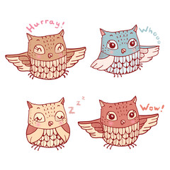 Set of four cute cartoon owls with various emotions. Colored illustration in vector.