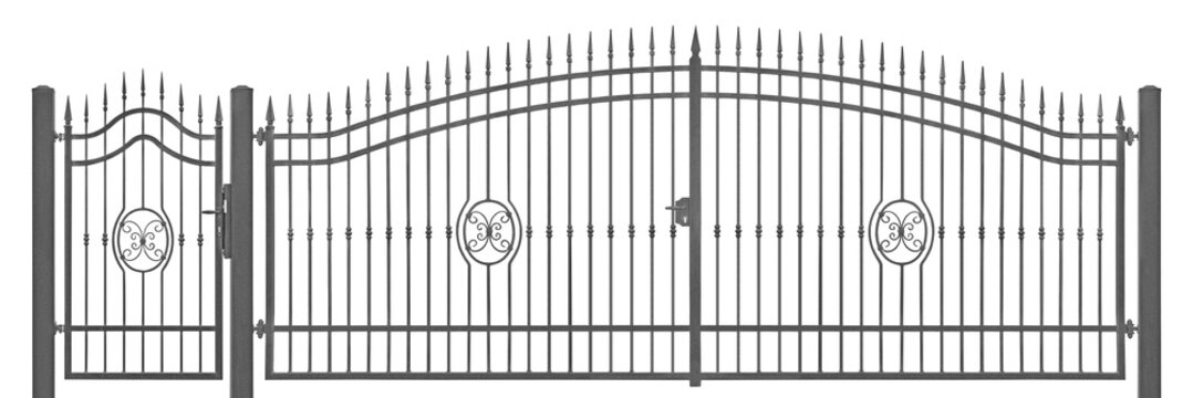 Forged decorative pedestrian and transportation mansion gate vintage entrance detail, isolated horizontal large detailed dark grey silhouette closeup, wrought iron fleur-de-lis lattice