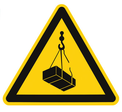 Danger overhead, crane load falling hazard risk sign, cargo icon signage, isolated black triangle over yellow, large macro closeup