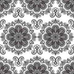 Background with black and white mehndi seamless lace buta decoration items on white background.