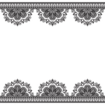border pattern elements with flowers in Indian mehndi style for card and tattoo isolated on white background.