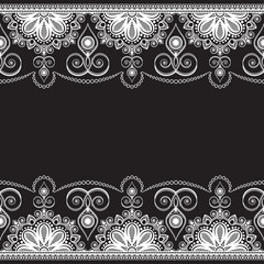 Mehndi line lace element with flowers in Indian style pattern card for tattoo on black background