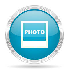 photo blue glossy metallic circle modern web icon on white background