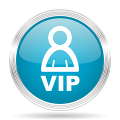vip blue glossy metallic circle modern web icon on white background
