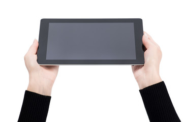hands holding a tablet touch computer gadget with isolated scree