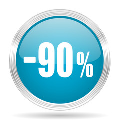 90 percent sale retail blue glossy metallic circle modern web icon on white background