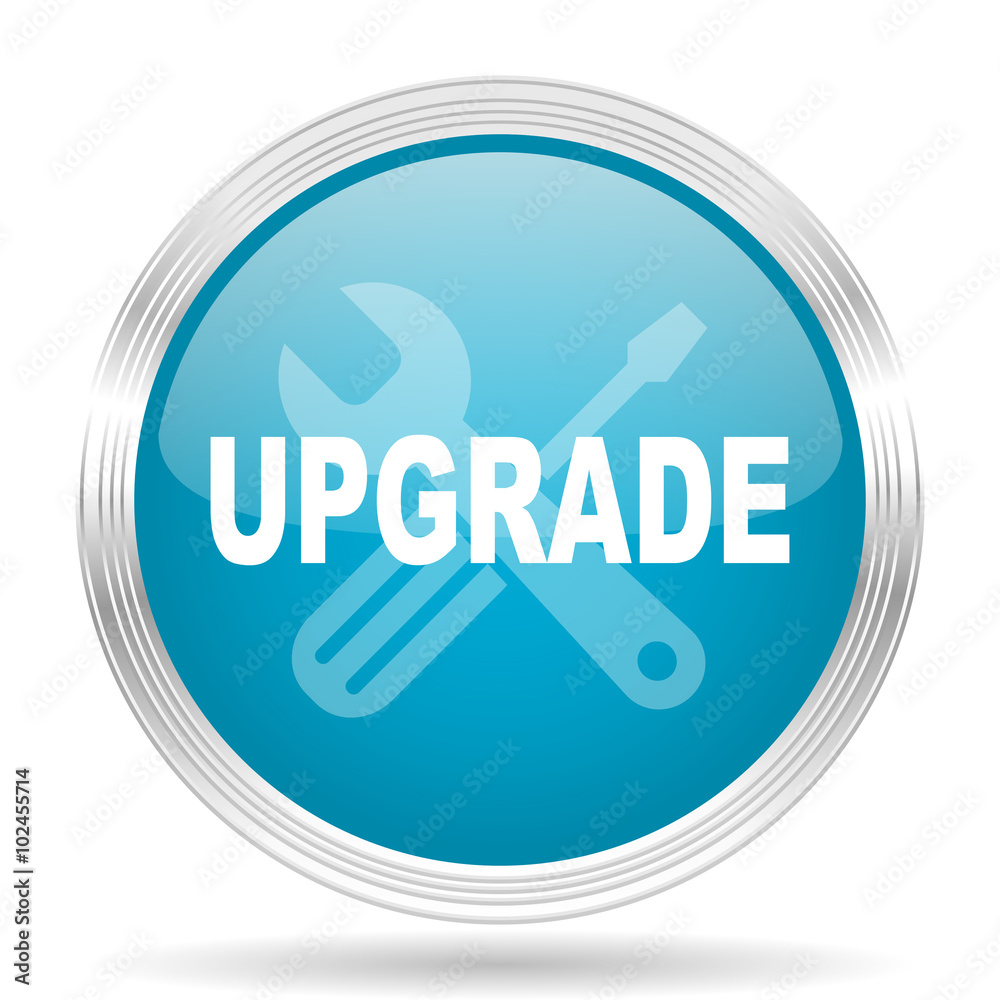 Poster upgrade blue glossy metallic circle modern web icon on white background