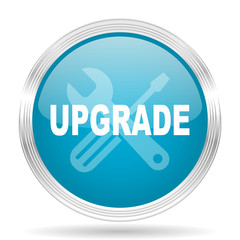 upgrade blue glossy metallic circle modern web icon on white background