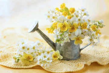 Washable wall murals Pansies Yellow pansies and bird-cherry