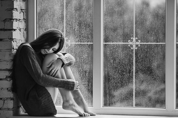 Beautiful young woman sitting alone close to window with rain drops. Sexy and sad girl. Concept of loneliness. Black white image