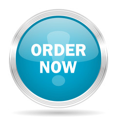 order now blue glossy metallic circle modern web icon on white background