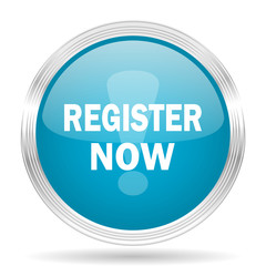 register now blue glossy metallic circle modern web icon on white background