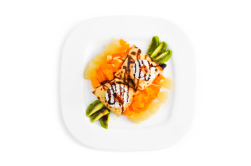 Pancakes with tropical fruit and whipped - Top view