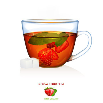 Strawberry Tea illustration. Vector. Beautiful illustration of strawberry tea with mint leaves and two peaces of sugar. Glass cup.