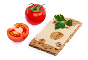 Crispy rye bread, cheese and tomato isolated on white background