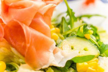 Salad with Prosciutto and vegetable - Close up