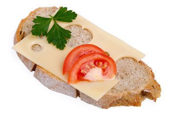 Rye bread, cheese and tomato isolated on a white background