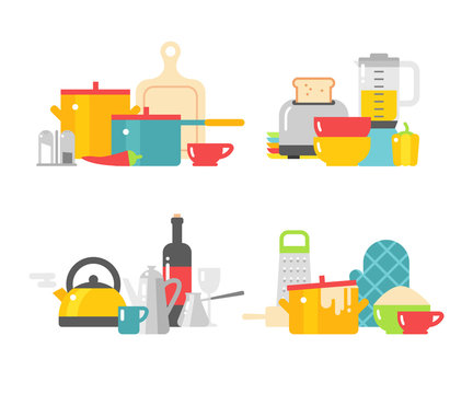 Kitchen dishes vector flat icons isolated on white background