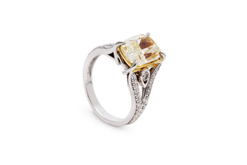 Gorgeous Antique Emerald Cut Yellow Diamond Ring